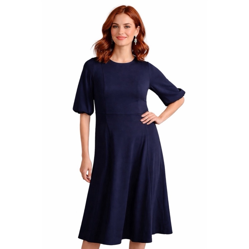 Boden Navy Full Skirt Jersey Midi Dress A-Line Puff Sleeve Size 14R